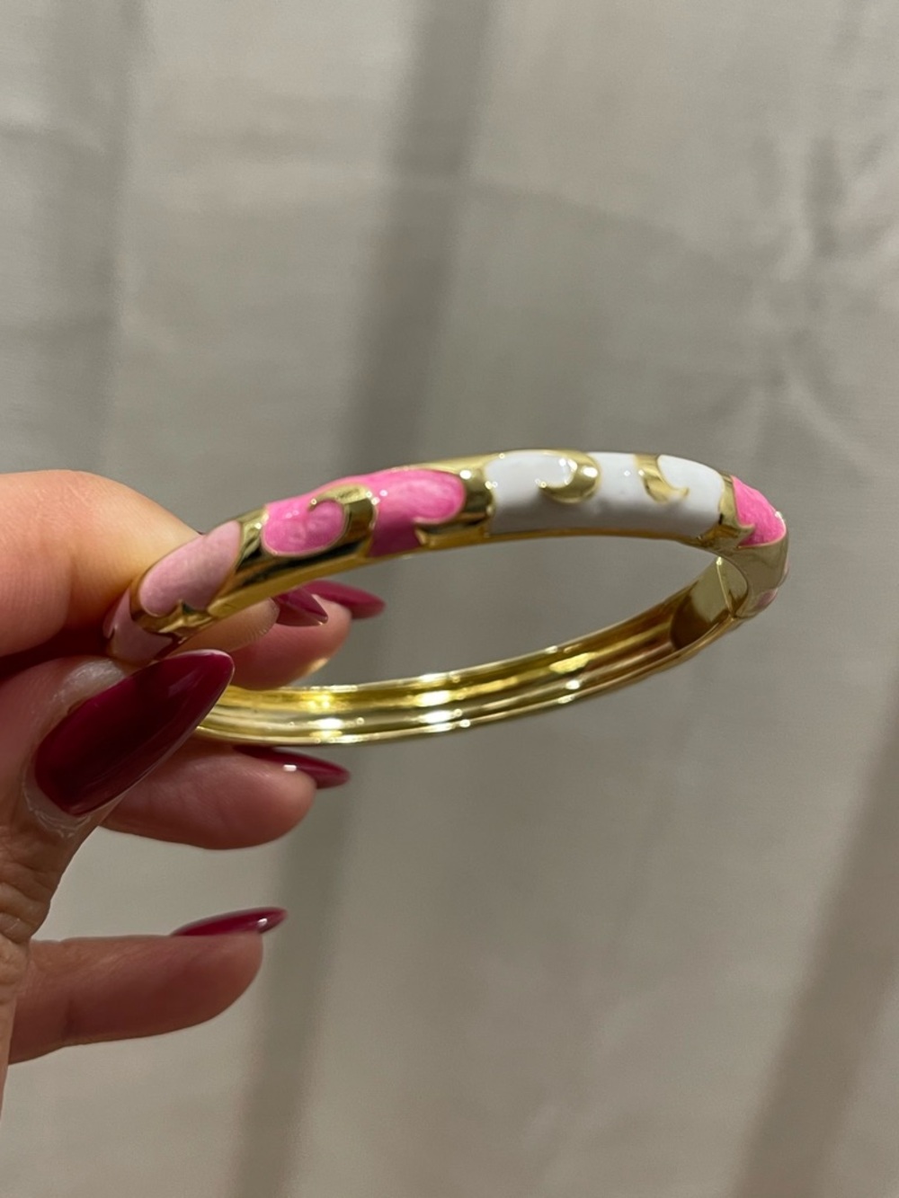 Gold-Tone Pink and White Enamel Bangle Bracelet